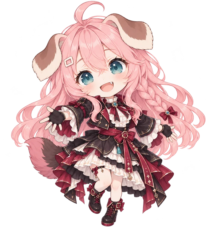粉色长发、折耳的 LoliCode 看板娘，穿着樱桃红缎带舞台服，伸手邀请你一起创作